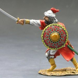 Saraceno che attacca con spada e scudo