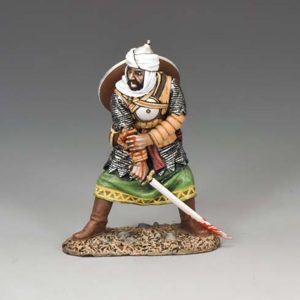 Wounded. Clutching his wounded sword arm this Saracen glares defiantly at his oncoming opponent.