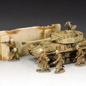 As the 4-man Afrika Korps infantry section move forward the Panzer IV backs them up... The Desert Wall section is included.