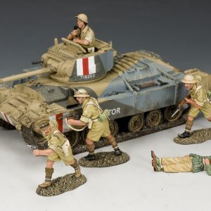 As a dead Afrika Korps soldier lies by the side of the road an Eighth Army Valentine tank and 3 Desert Rats move past...