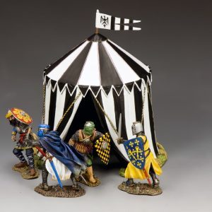 Two of Saladins men have infiltrated the Crusaders camp but have been discovered and are in a frenzied duel with two Crusader Knights... The round, black and white Tournament Tent is also included.