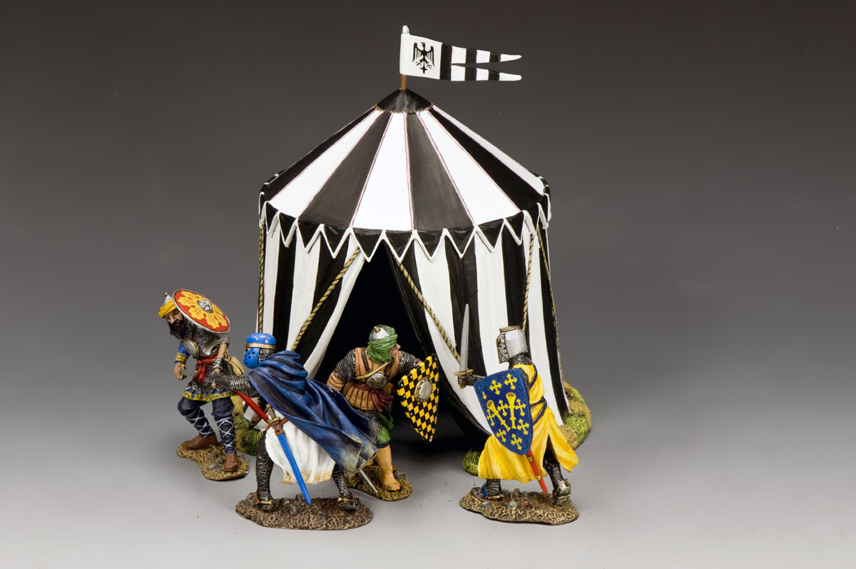 Two of Saladins men have infiltrated the Crusaders camp but have been discovered and are in a frenzied duel with two Crusader Knights... The round, black and white Tournament Tent is also included.