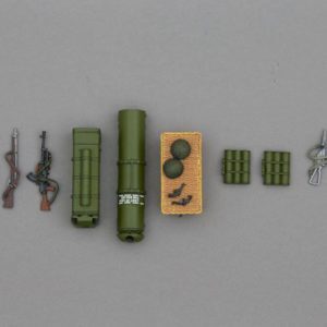 Parachute Weapons and Accessories set (2 x Sten Guns, 2 X Enfield Rifles, 2 different drop canisters, 2 x Webley pistols, 2 airborne style helmets, 1 x wicker basket with removable lid, 1 x Bren gun and 2 x mortar Containers)