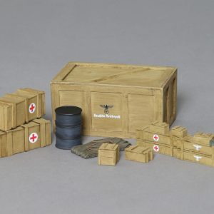 A selection of crates, tarpaulin and and an oil barrel version with German decals
