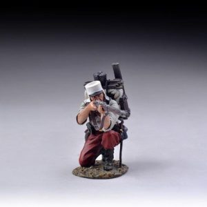 Kneeling rifleman in shirt takes aim at the enemy (red trousers)