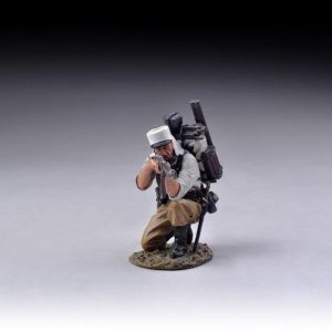 Kneeling rifleman in shirt takes aim at the enemy (Khaki trousers)