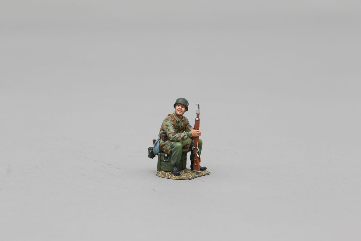 Fallschirmjager relaxing with cup of coffee with MP40 machine gun slung across chest WITH BASE