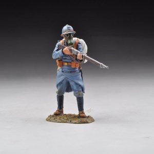 A standing ready Poilu wearing his gas mask stands ready, a flexible figure that can be used in any number of dioramas.