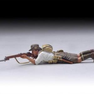 Australian Lying Down Rifleman with small backpack takes aim (white shirt)--single figure