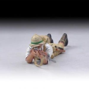 British Lying Down Rifleman with small backpack takes aim (white shirt)--single figure