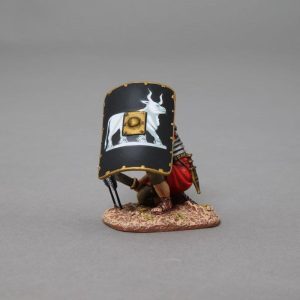 Legionnaire takes cover beneath his shield as the enemy rain arrows on him