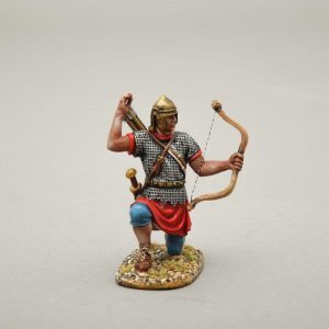 A kneeling archer reaches behind to reload from his quiver (bronze colour metal helmets)