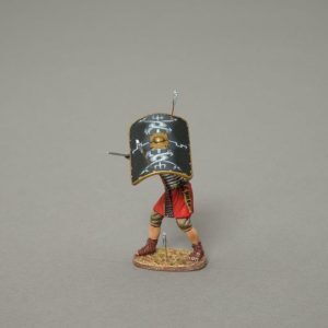A Legionnaire uses his shield to protect himself from a shower of enemy arrows