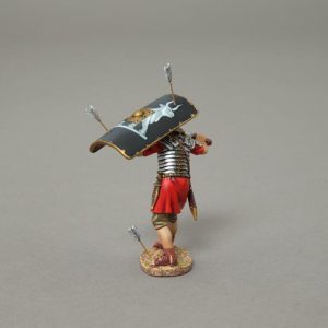 A Legionnaire uses his shield to protect himself from a shower of enemy arrows