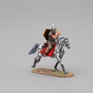 Roman Cavalry Legionnaire slashing with sword on grey horse with red shield