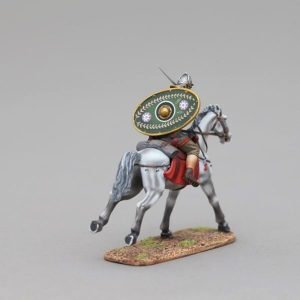 Roman Cavalry Legionnaire slashing with sword on grey horse with green shield