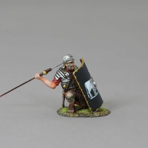 Legionnaire crouching behind shield