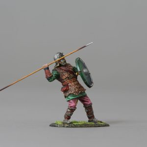A German Barbarian stands ready to launch his spear at the enemy