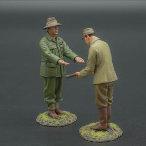 Japanese officer bowing handing over Katana sword AND Senior Australian officer receiving sword