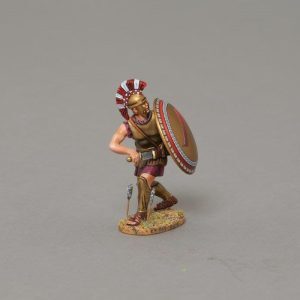 A Spartan warrior draws his sword as enemy arrows falls around him