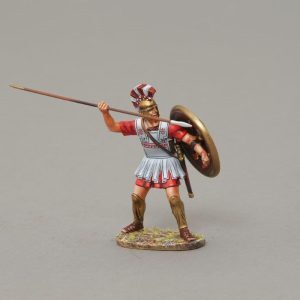 A Spartan warrior stands with sword ready to thrust as the enemy advance with spear ready to jab