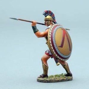 Spartan Warrior with shield slung on back prepares to thrust his Dory. Sporting traditional Spartan Lambda symbol version.
