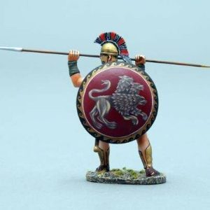 Spartan Warrior with shield slung on back prepares to thrust his Dory. 3 headed lion design version.