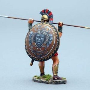 Spartan Warrior with shield slung on back prepares to thrust his Dory. Stunning looking Medusa artwork on the shield version.