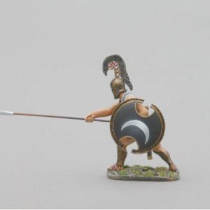 Thespian warrior wearing Corinthian helmet and thrusting spear with traditional Thespian half-moon design on the shield
