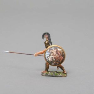 Thespian warrior wearing Corinthian helmet and thrusting spear with shield depicting maiden begging forgiveness from Zeus