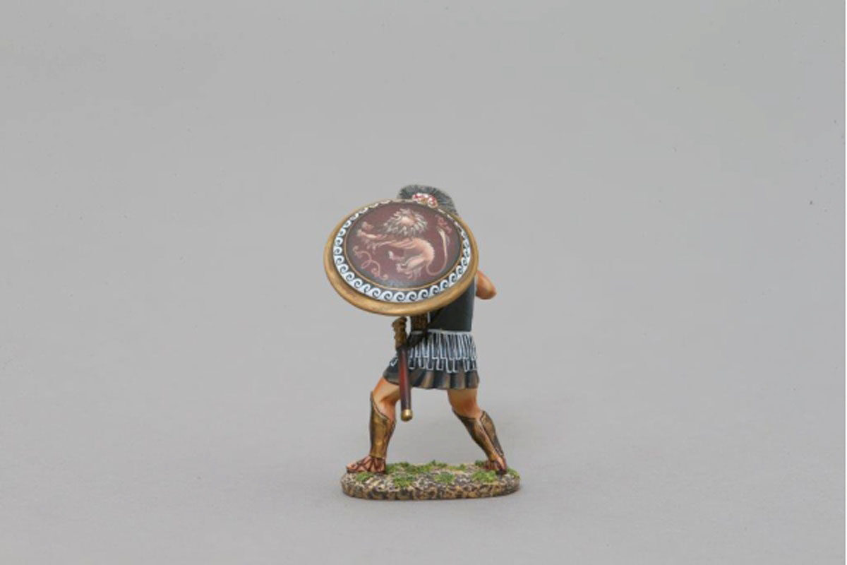 Thespian soldier with Corinthian style helmet with a Lion on red background