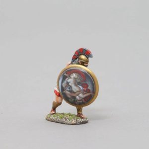 A fighting Spartans Zeus carries a shield with maiden being ravished by a god