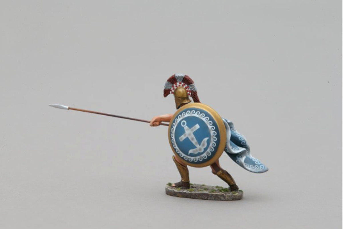 Athenian Marine in combat with traditional shield depicting anchor on blue background