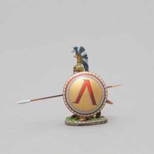 Kneeling Spartan wearing Corinthian helmet with Red Lambda on gold background