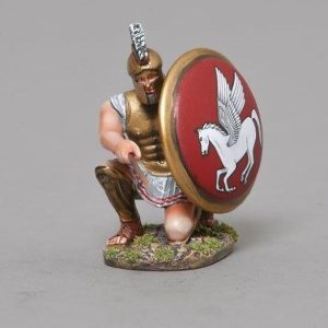 A kneeling Hoplite A version comes with traditional Spartan Lambda design shield.