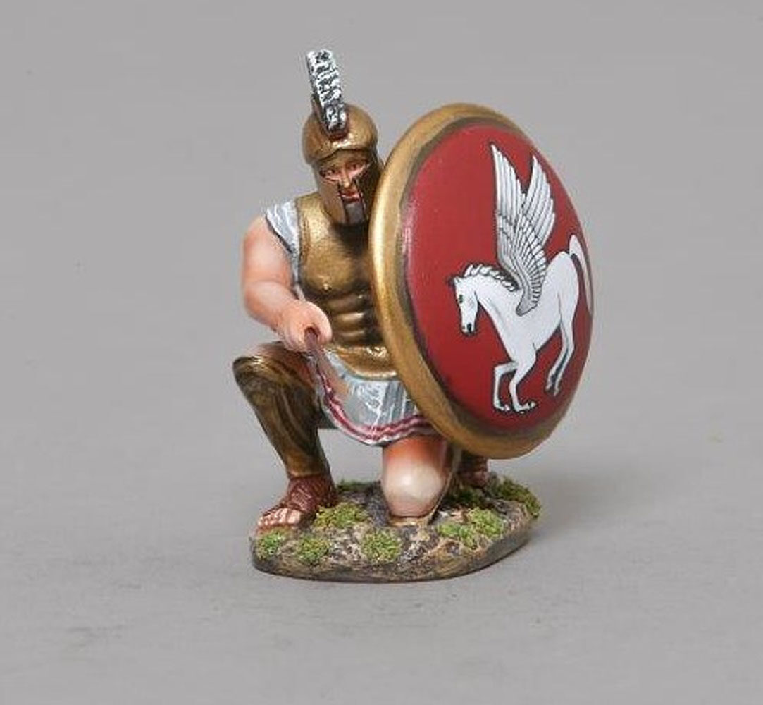 A kneeling Hoplite A version comes with traditional Spartan Lambda design shield.
