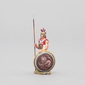 Hoplite sentry figure with prancing Lion on a red background