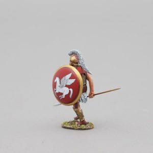 Hoplite charging into action WIth a Medusa head on a black background