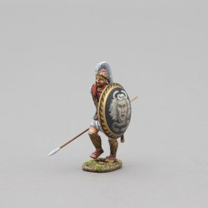 Hoplite charging into action with a Pegasus winged horse design a red background