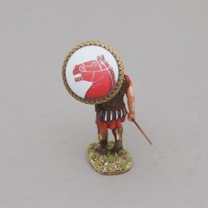 A marching Hoplite with shield over his head B carries a red horse head design on a white background