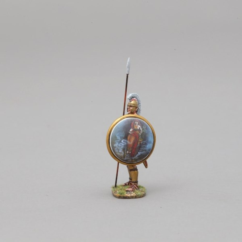 Hoplite waiting with a new shield featuring a Greek soothsayer with the Hoplite holding spear