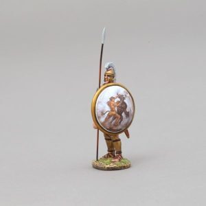 Hoplite waiting with Greek Hoplite holding spear and Theseus fighting the Minotaur adorning his shield