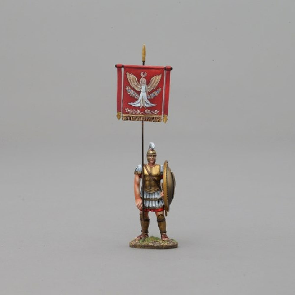 Hoplite waiting Spartan with bronze lambda shield holding Banner