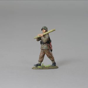 An SS soldier carries the mortar tube for the section