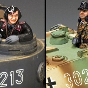 One commander, all in black Wehrmacht Panzer uniform and side cap. The other in Waffen SS wrap around camouflage uniform topped off with a black ski cap.