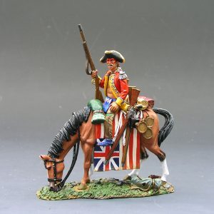 indiano a cavallo con fucile e bandiera inglese conquistata