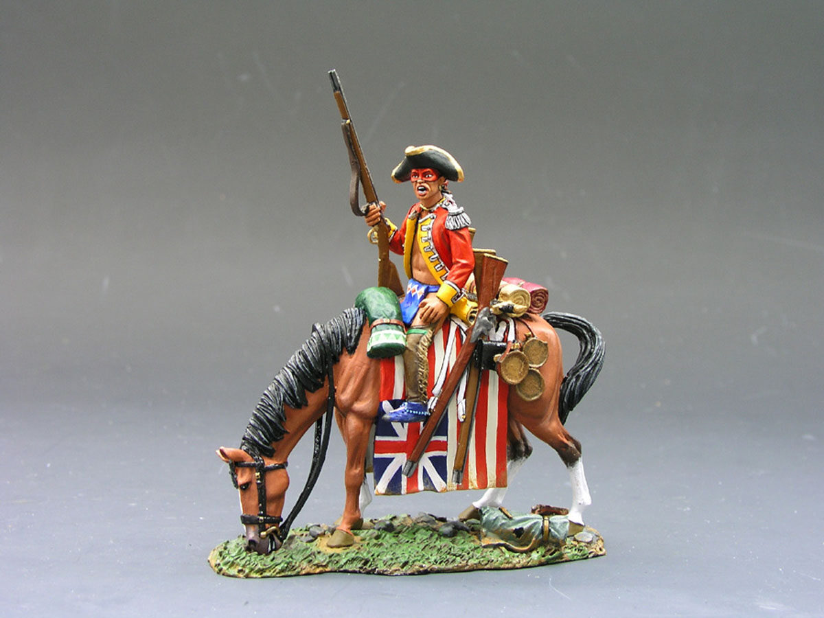 indiano a cavallo con fucile e bandiera inglese conquistata