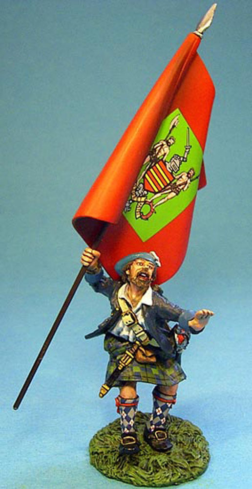 Highlander ferito con bandiera del reggimento Cameron of Lochiel