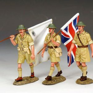 Tre ufficiali britannici, con due bandiere, che avanzano verso le linee giapponesi