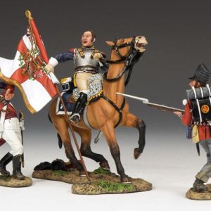 Scenetta composta da un corazziere francese che ruba la bandiera del reggimento ad un ufficiale ferito